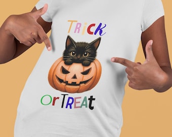Kids Trick or Treat Halloween Shirt, Black Cat Pumpkin Tee, Cute Halloween Kids Jersey, Boys Girls Halloween Top