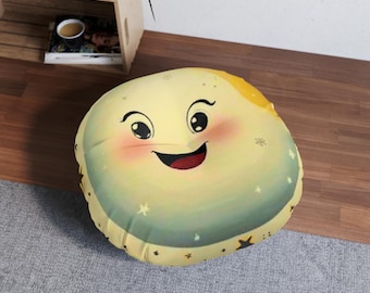Smiling Moon Face Tufted Floor Pillow, Round Celestial Decor, Kids Room Accent