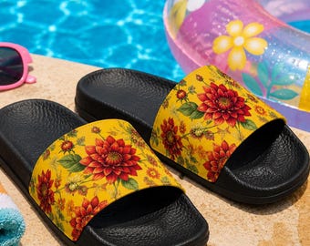 Vintage Red Dahlia Floral Youth Sandals | Yellow Slide Strap