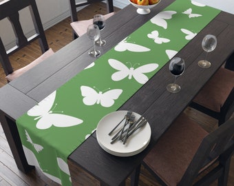 White Butterflies on Green Table Runner (Cotton, Poly)