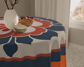 Circled Flower Orange Designed Tablecloth, Table Accessory, Kitchen Decor, Table Linen, Table Cover, Gift Idea
