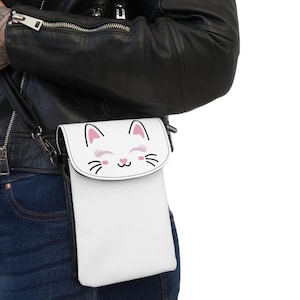 Bonita cartera para teléfono con forma de gato/estuche pequeño para uso diario, regalo para dueños de mascotas, accesorio de viaje, correa ajustable