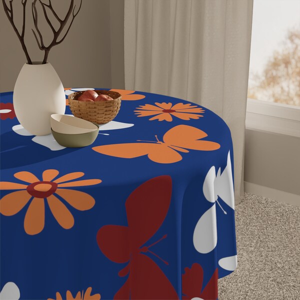 Colorful Butterflies on Dark Blue Tablecloth