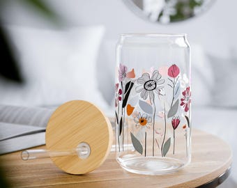 Hand Drawn Summer Flowers Sipper Glass 16oz Clear tempered glass, with or without gasket-push bamboo lid and tritan plastic straw