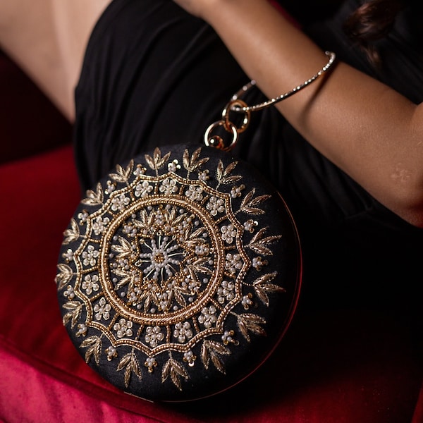 PUJA Embroidered Clutch (Black)