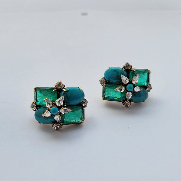 Iradj Moini Turquoise Emerald White Topaz Semi Precious Clip Earrings