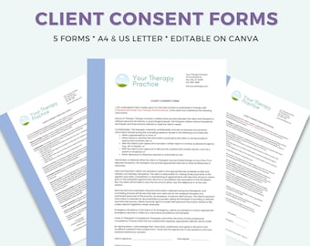 Client Consent Form Templates for Therapists, Informed Consent Form, Therapy Forms, Therapist Tools, Counseling Forms, Canva Template TET06