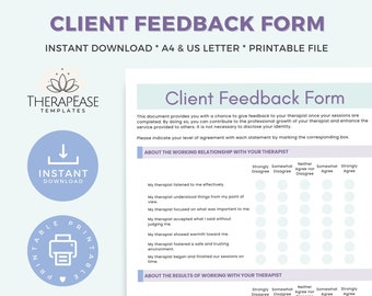 Client Feedback Form Template, Printable Forms for Therapists, Counseling Forms, Client Survey, Counseling Review, Therapy Templates TET06