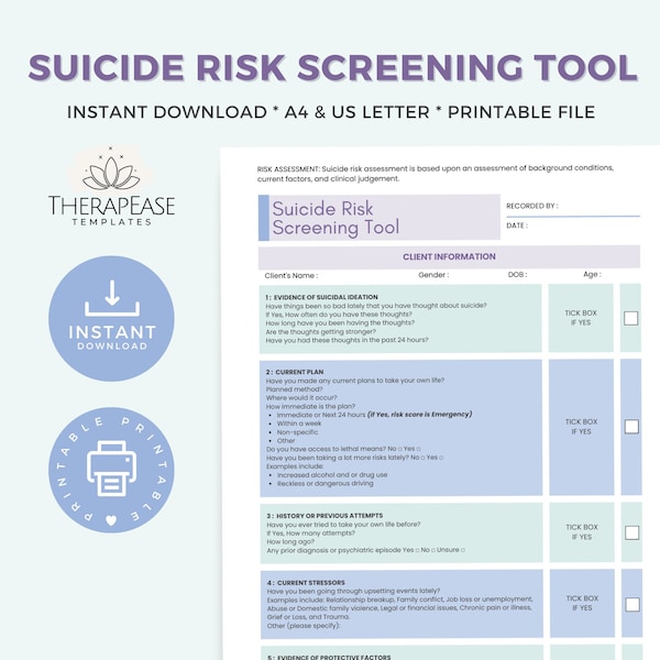 Risk Assessment Digital Template PDF, Suicide Assessment Form, Suicide Inquiry Questions, Mental Health Assessment Tool for Therapy TET06