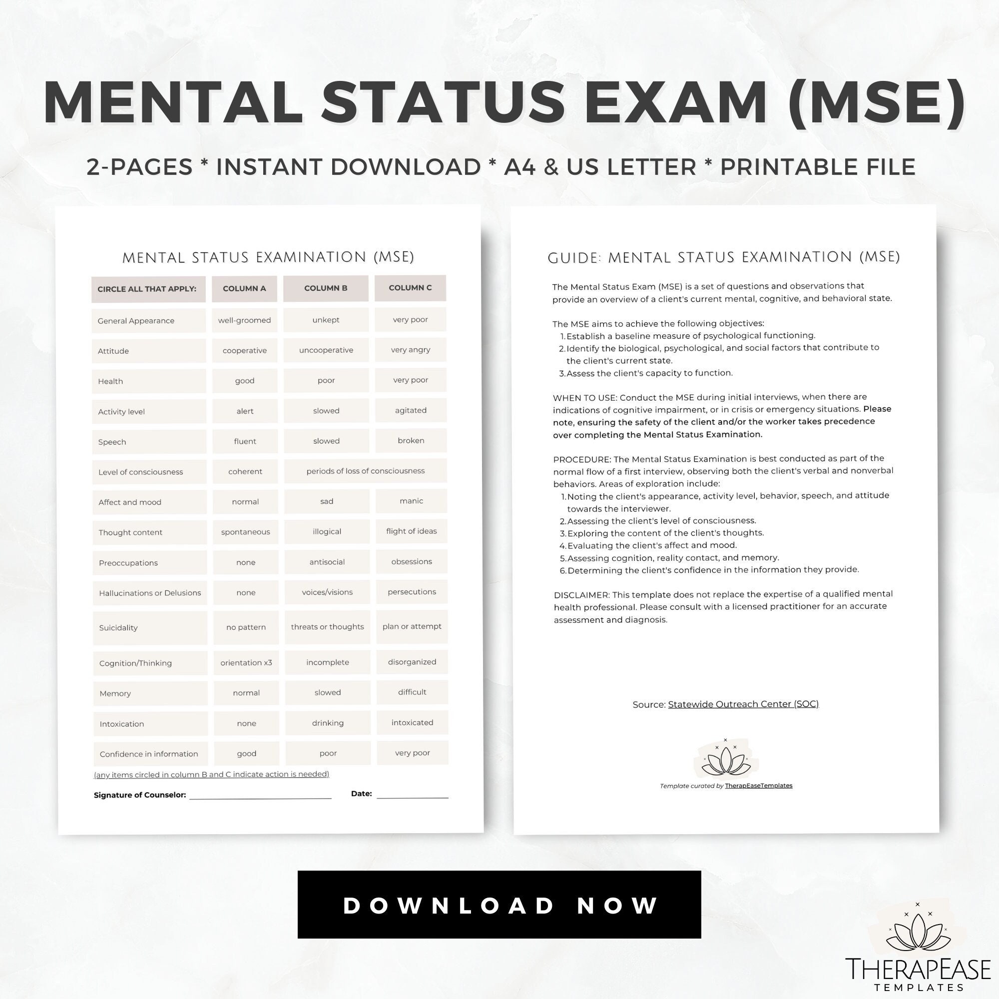 Mental Status Exam, One-page MSE Form, MSE Form, Psych Cheat Sheets ...