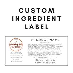 May include: A black and white custom ingredient label for a bakery called "Everything But The Baking". The label includes the bakery's name, address, website, email, and social media handle. It also includes the product name, net weight, and ingredients. The label states that the product is home produced.