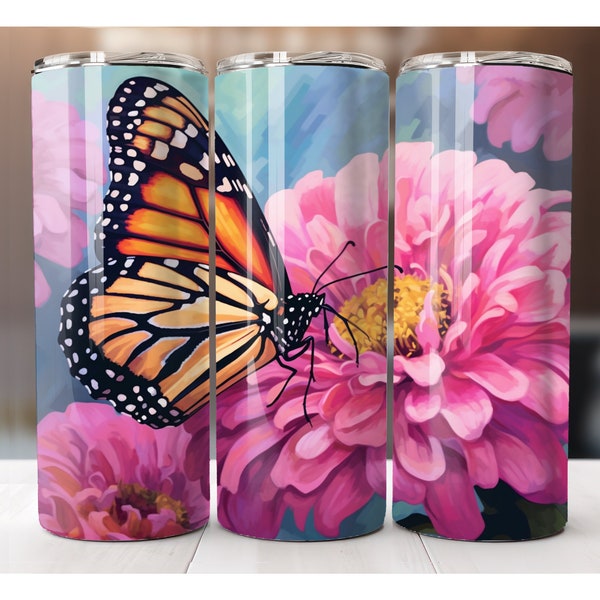 Monarch Butterfly Pink Flower 20 oz. Skinny Tumbler - Sublimation Design -  Instant Digital Download PNG, Straight Tumbler Wrap