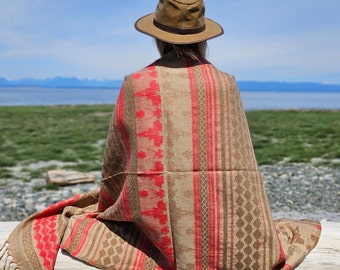 Meditation Shawl, Prayer Blanket, Yoga Blanket, Wool Scarf, North Indian Style, Indian Fusion Design, Warm Travel Blanket, Reversible Design