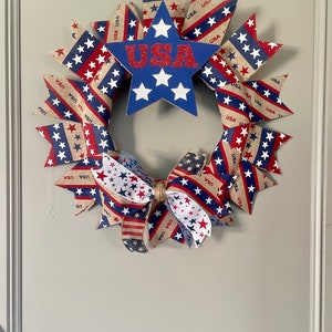 USA Patriotic 4th of July Ribbon Wreath Door Hanging