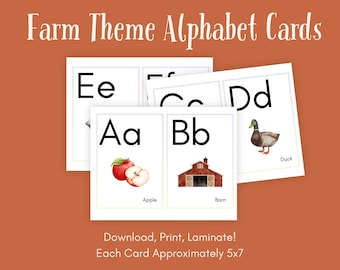 May include: A set of printable alphabet cards featuring farm-themed illustrations. Each card has a letter of the alphabet, a picture, and the word for the picture. The letters are in uppercase and lowercase. The pictures include an apple, a barn, a duck, and more. Each card is approximately 5x7 inches.