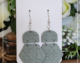 Hexagon Sage Embossed Dangle Earrings - Made with clay polymer and hypoallergenic findings