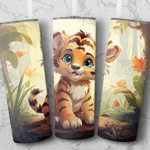 Cute Tiger Cub 20 oz Skinny Tumbler Sublimation Design, Instant Digital Download PNG, Straight & Tapered PNG