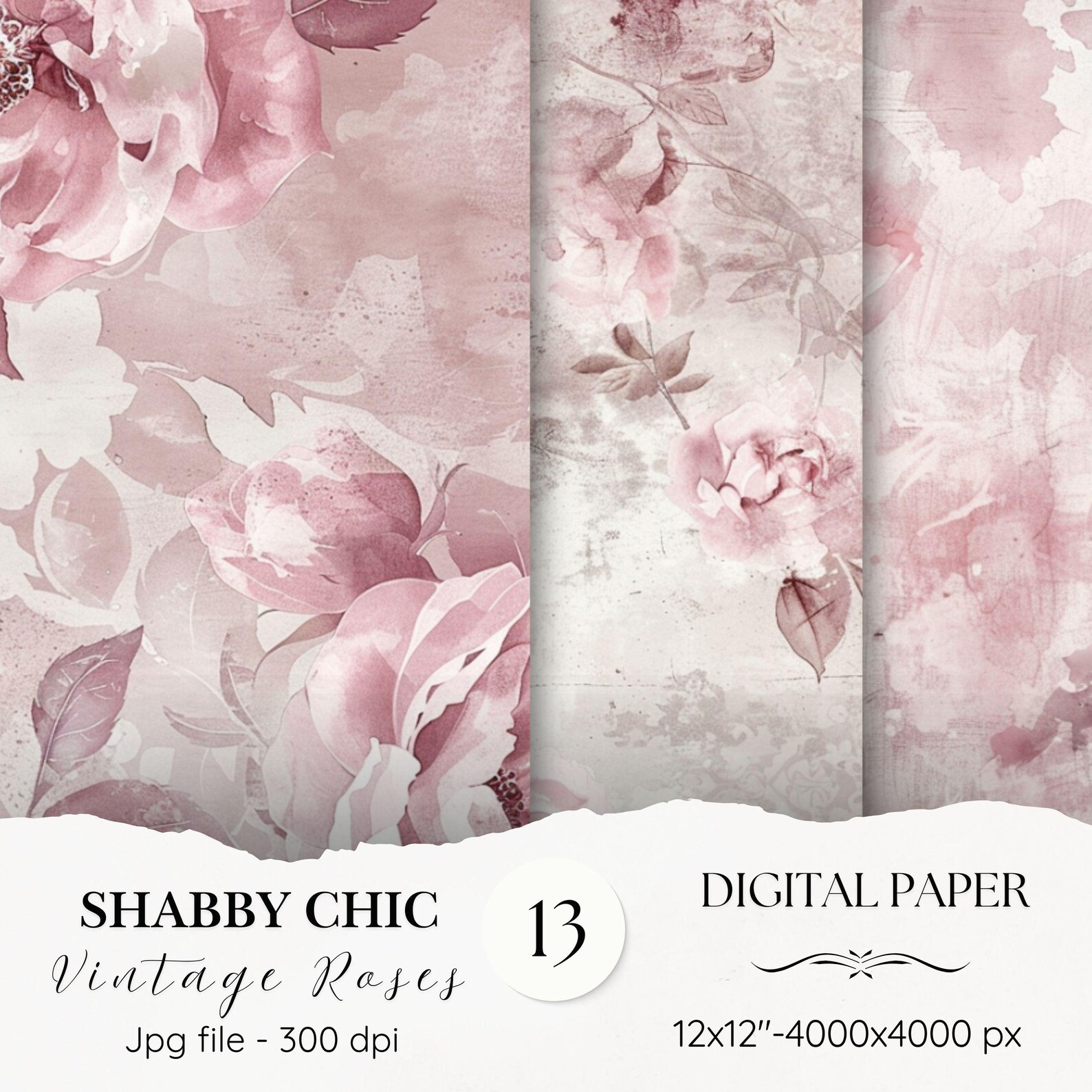 Pink Roses Flower Digital Paper Pack-13 Vintage Scrapbook Junk Journal ...