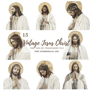 Paquete de 15 imágenes prediseñadas de Jesucristo de alta calidad, PNG/Acuarela vintage, Jesús orando, pegatinas imprimibles, Goodnotes, descarga digital, 793