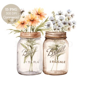 Pacchetto Clipart di barattoli di fiori 15 PNG di alta qualità, fiori rustici ad acquerello, adesivi stampabili Goodnotes, download digitale / 456