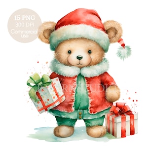 Orsacchiotto di Natale, Clipart ad acquerello PNG, 15 JPG di alta qualità, Download digitale, Creazione di cartoline, Supporti misti, Mestiere con carta digitale/ 3