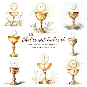 Eerste communie clipart png, bundel 12 hoge kwaliteit, aquarel Jezus eucharistie en kelk, afdrukbare stickers goodnotes, digitale download|781