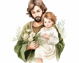 Saint Joseph Clipart Bundle 15 PNG haute qualité, Saint Joseph avec Jésus, téléchargement numérique, fabrication de cartes, techniques mixtes, création numérique en papier | 253