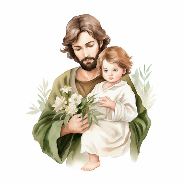 Saint Joseph Clipart Bundle 15 PNG haute qualité, Saint Joseph avec Jésus, téléchargement numérique, fabrication de cartes, techniques mixtes, création numérique en papier | 253