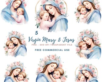 May include: Five watercolour illustrations of the Virgin Mary holding baby Jesus. Each image features a different pose and floral arrangement. The images are set against a white background.