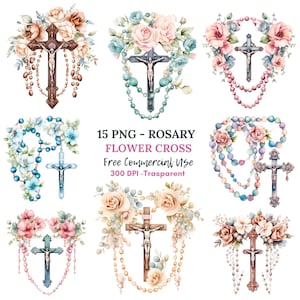 Pacchetto di clipart rosario fiore 15 PNG di alta qualità, acquerello croce, download digitale, creazione di cartoline, supporti misti, artigianato in carta digitale/ 71