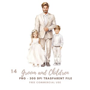 Acquerello matrimonio sposo e figli 16 Clipart PNG/ Prima Comunione/ Sposa e Sposo/ Adesivi stampabili Goodnotes/ Download digitale/794