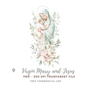 Clipart del fiore della Vergine Maria, pacchetto di 9 PNG di alta qualità, Vergine Maria e Gesù, adesivi stampabili Goodnotes, download digitale/774