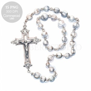 Pacchetto di clipart rosario d'argento 15 PNG di alta qualità, croce d'argento acquerello, download digitale, creazione di cartoline, supporti misti, artigianato in carta digitale/ 235