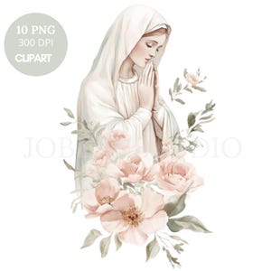 Pacchetto di 11 clipart di Vergine Maria e fiori PNG di alta qualità/Acquerello neutro Santa Maria/Adesivi stampabili Goodnotes/Download digitale/772