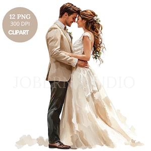 May include: Watercolor illustration of a couple embracing. The man wears a tan suit with a bow tie, and the woman is in a white wedding dress. The image includes the text "12 PNG 300 DPI CLIPART".