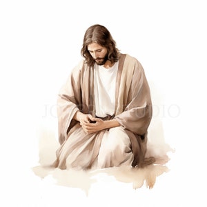 Pacchetto di clipart di Gesù Cristo 13 PNG di alta qualità, acquerello Gesù che prega, download digitale, creazione di cartoline, supporti misti, artigianato in carta digitale/ 315