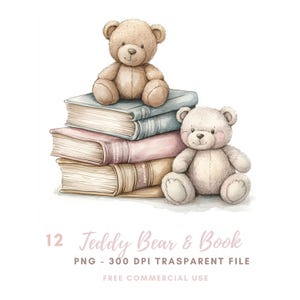 Teddy Bear and Book | Watercolor Nursery 12 Clipart PNG High Quality | Printable Stickers Goodnotes| Digital Download| 791