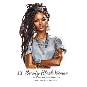 Clipart femme noire PNG, lot de 13 haute qualité, aquarelle fille noire, autocollants imprimables femme afro Goodnotes, téléchargement numérique | 796
