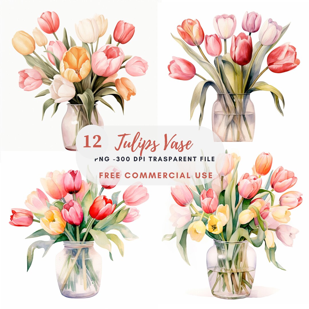 Tulips Flower Vase Clipart Bundle 12 High Quality PNG, Watercolor ...