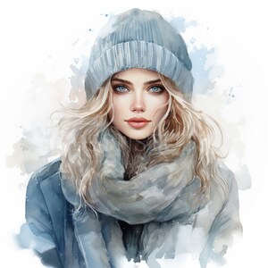 Winter Woman Clipart PNG, 15 JPG di alta qualità, Pacchetto blu acquerello, Download digitale, Creazione di cartoline, Adesivi digitali, Creazioni di carta digitale/135