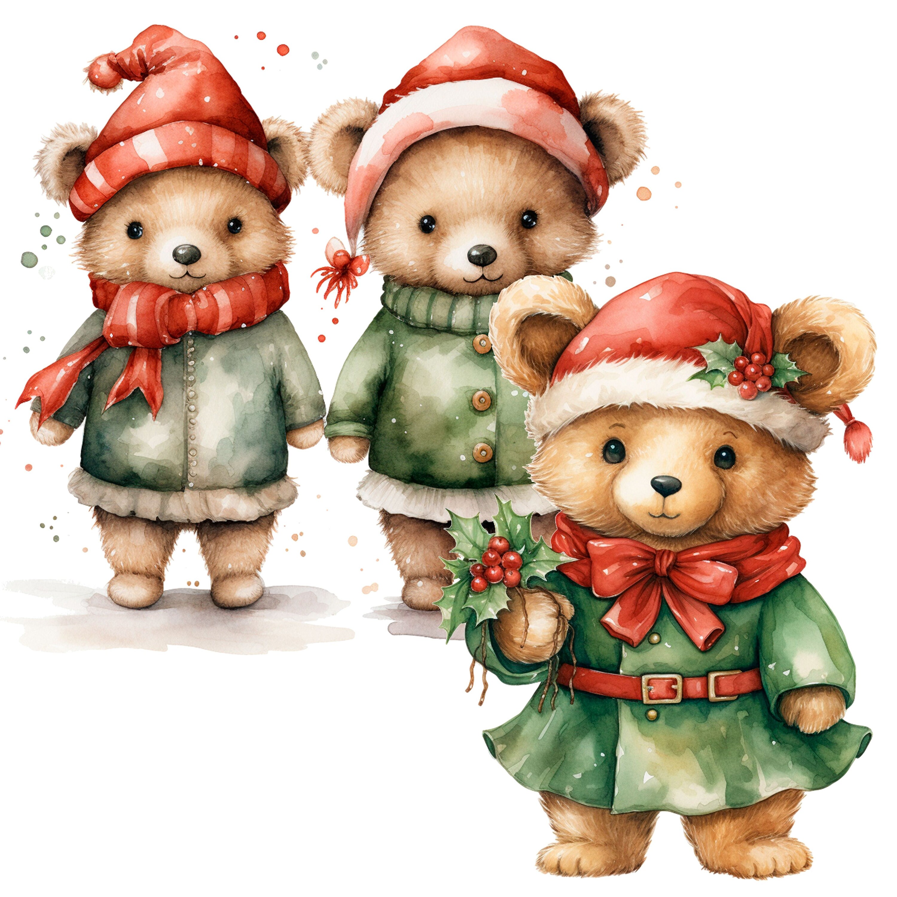 Christmas Teddy Bear, Watercolor Clipart PNG,15 High Quality Jpgs ...