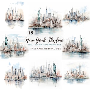 New York Skyline Clipart PNG,Bundle 12 alta qualità,Inchiostro nero paesaggio urbano,Adesivi stampabili,Download digitale,Creazione di cartoline,Supporti misti/430