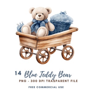 Clipart chambre d'enfant bleu ours en peluche PNG 14 de haute qualité, aquarelle ours en peluche c'est un garçon, baby shower, téléchargement numérique, créations numériques en papier | 475