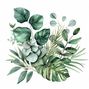 Pacchetto di clipart di bouquet di foglie verdi 10 PNG di alta qualità, acquerello floreale, adesivi, download digitale, creazione di biglietti, artigianato di carta digitale/ 409