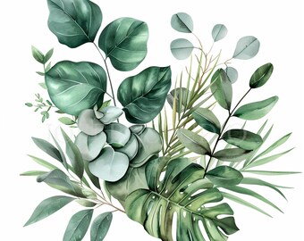 May include: A watercolor painting of a bouquet of green leaves, including eucalyptus, monstera, and palm leaves.