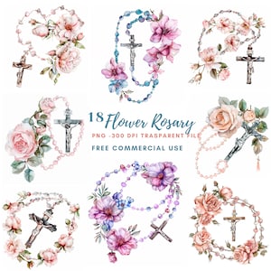 Pacchetto di clipart rosario di fiori 18 PNG di alta qualità, croce acquerello, adesivo, download digitale, creazione di carte, supporti misti, artigianato in carta digitale/ 237