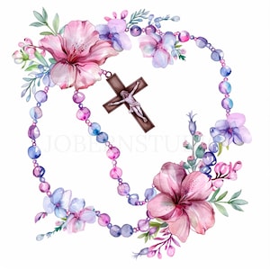 Pacchetto di clipart rosario di fiori 18 PNG di alta qualità, croce acquerello, adesivo, download digitale, creazione di carte, supporti misti, artigianato in carta digitale/ 237
