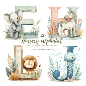 Nursery Alphabet Letter Clipart Bundle 26 High Quality PNG, Watercolor LetterAnimal,Printable Stickers Goodnotes, Digital Download| 834