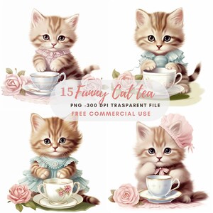 Pacchetto PNG di gatti divertenti Clipart 15 JPG di alta qualità, gatti vintage acquerello, download digitale, creazione di carte, supporti misti, artigianato in carta digitale/ 141