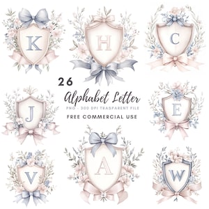 Paquete de 26 imágenes prediseñadas de letras del alfabeto floral de alta calidad PNG, letras de escudo de armas de acuarela, pegatinas imprimibles Goodnotes, descarga digital/667